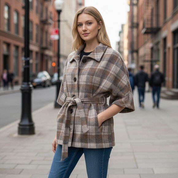 BOYNE VALLEY WEAVERS Plaid Wool Jacket/Cape – Made in Ireland, Pure Elegance! - Picture 1 of 7